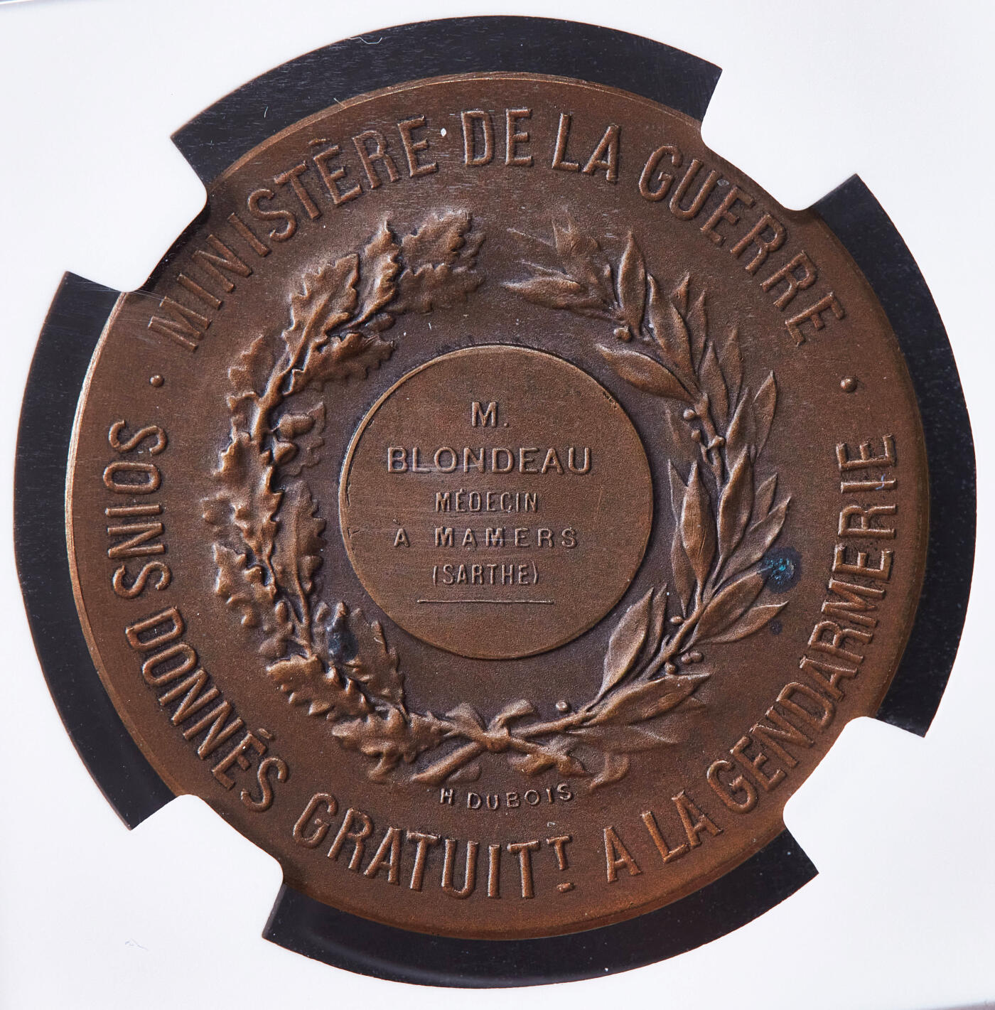 【俄甄集藏】2025年(045)12-03 星期三 晚 19:30 全场包邮 法国19世纪玛丽安娜头像战争部颁发军事准备公益医疗铜质奖章，NGC MS63，巧克力包浆，丰饶角铭，直径：36mm，授予布隆多医生，表彰其向宪兵队提供免费医疗服务
