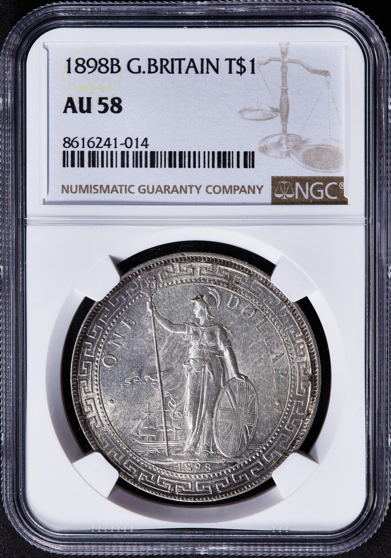 【俄甄集藏】2025年(045)12-03 星期三 晚 19:30 全场包邮 英国1898年维多利亚B版站洋1元贸易大银币，NGC AU58，黄油彩转光品相，疑似低评