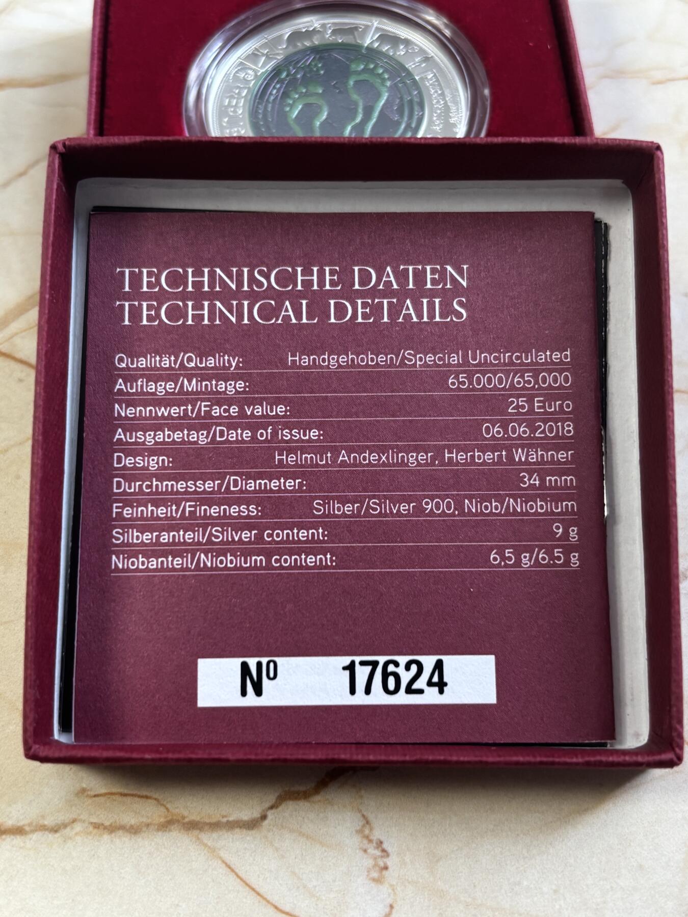 第183期拍卖 获奖奥地利2018年银铌系列16人类世银铌双金属币， ，金属:900银/998铌，重量:9克/6.5克，直径:34毫米，发行：65000枚， 获2020年克劳斯年度最佳双金属币