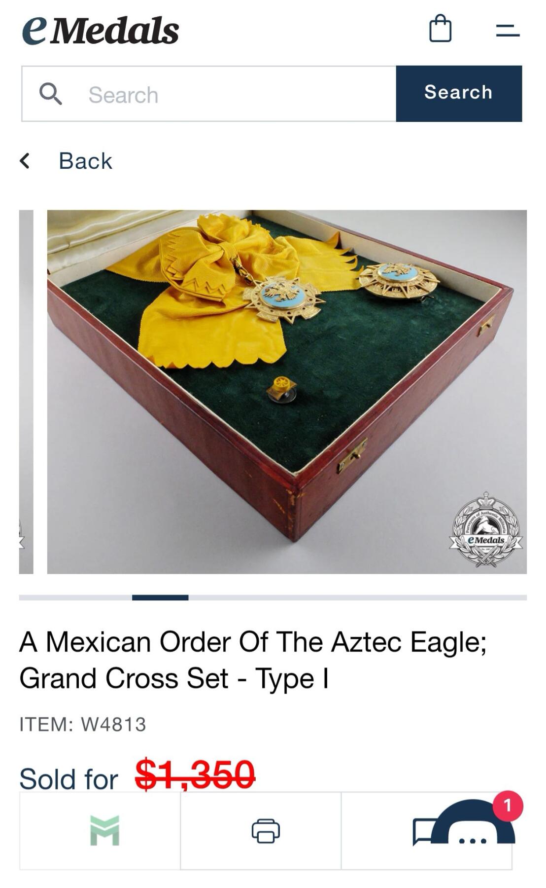 盛世勋华——号角文化勋章邮票专场拍卖第292期 墨西哥大十字级阿兹特克雄鹰勋章 银制，带原盒 授予外国公民的最高荣誉，该勋章于1933年12月29日由墨西哥总统罗德里格斯下令设立，勋章设计和墨西哥国徽呼应，核心元素是叼着响尾蛇的金雕，暗含阿兹特克文明印记，授予对象需为墨西哥或全人类作出杰出贡献，比如推动双边关系、助力领域发展等。中国前驻墨西哥大使殷恒民，南非前总统曼德拉，英国女王伊丽莎白二世等都曾获此勋章。eMedals售价1350美元参见图9