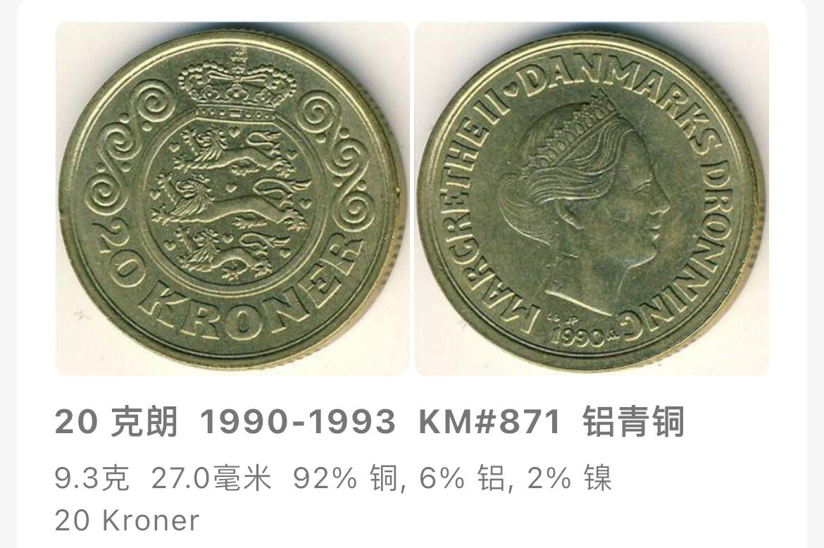 回流1130 丹麦1990年玛格丽特二世20克朗青铜币