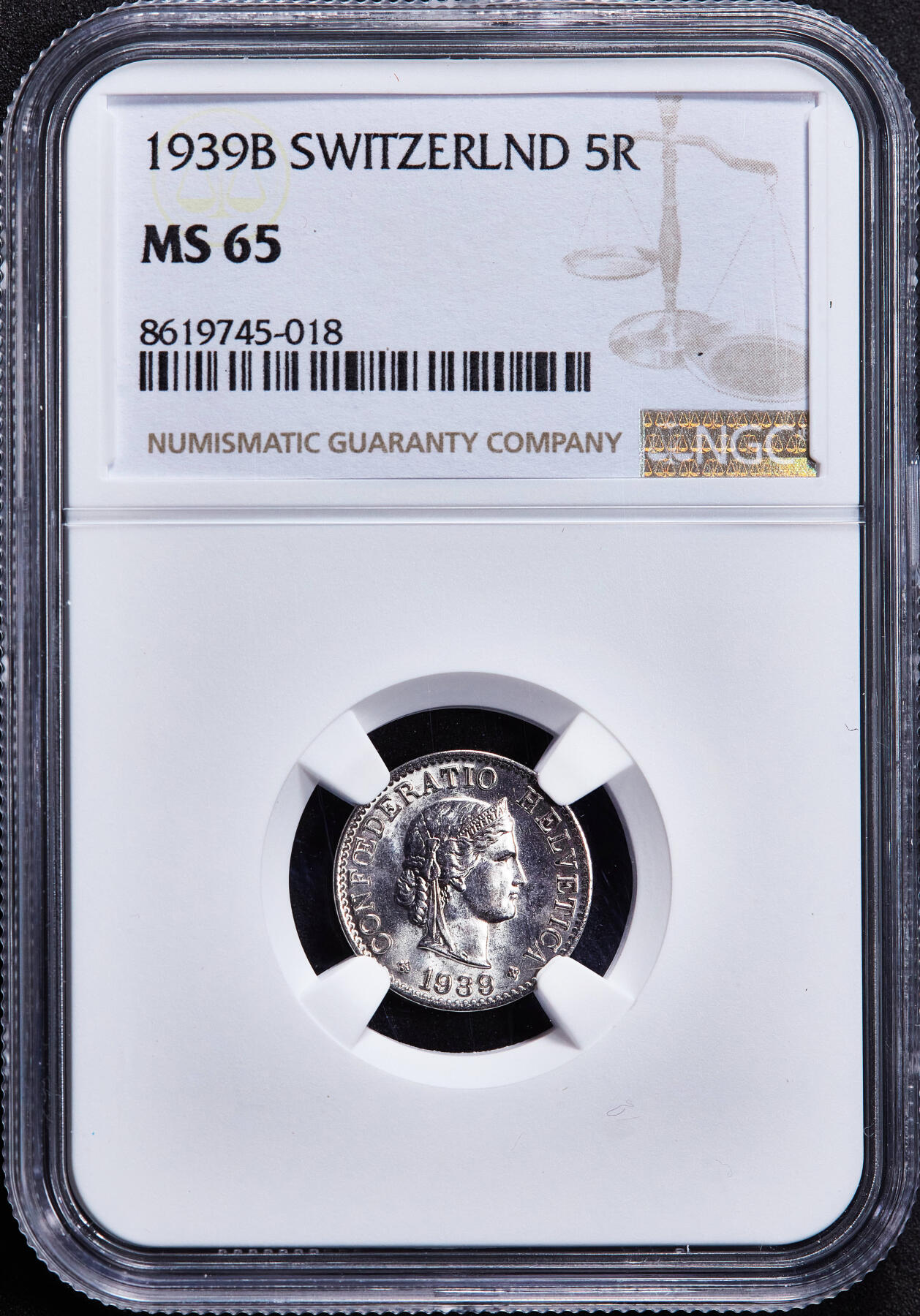 【俄甄集藏】2025年(045)12-03 星期三 晚 19:30 全场包邮 瑞士1939年B版5生丁镍币，NGC MS65，顶级转光