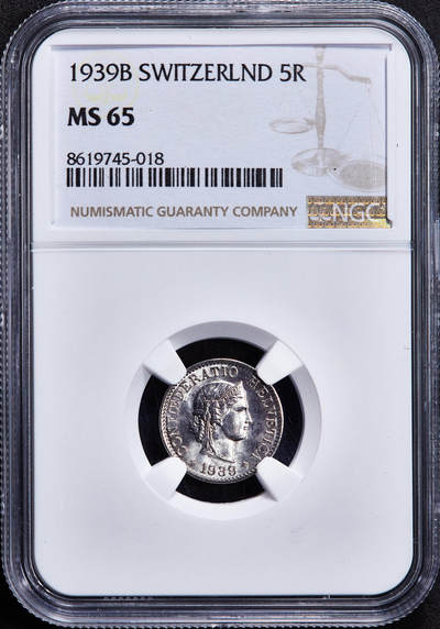 【俄甄集藏】2025年(045)12-03 星期三 晚 19:30 全场包邮 - 瑞士1939年B版5生丁镍币，NGC MS65，顶级转光