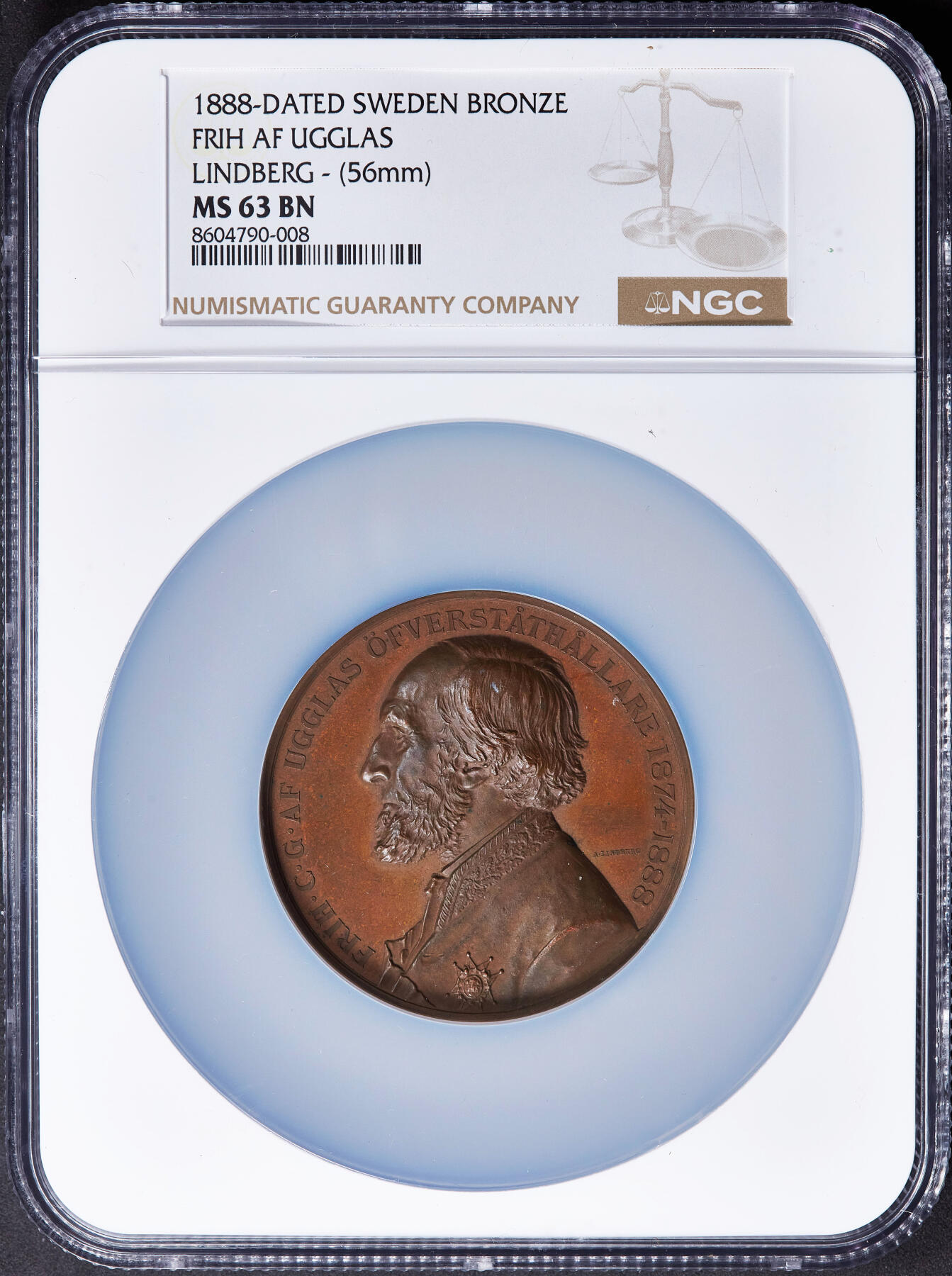 【俄甄集藏】2025年(045)12-03 星期三 晚 19:30 全场包邮 瑞典1888年纪念斯德哥尔摩警察总监弗里茨·乌格拉斯男爵退休卸任大铜章，NGC MS63，高浮雕，巧克力包浆，稀少品种，名家林德伯格作品，直径56mm