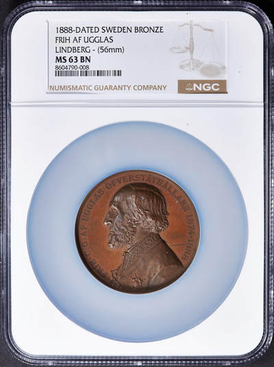 【俄甄集藏】2025年(045)12-03 星期三 晚 19:30 全场包邮 - 瑞典1888年纪念斯德哥尔摩警察总监弗里茨·乌格拉斯男爵退休卸任大铜章，NGC MS63，高浮雕，巧克力包浆，稀少品种，名家林德伯格作品，直径56mm