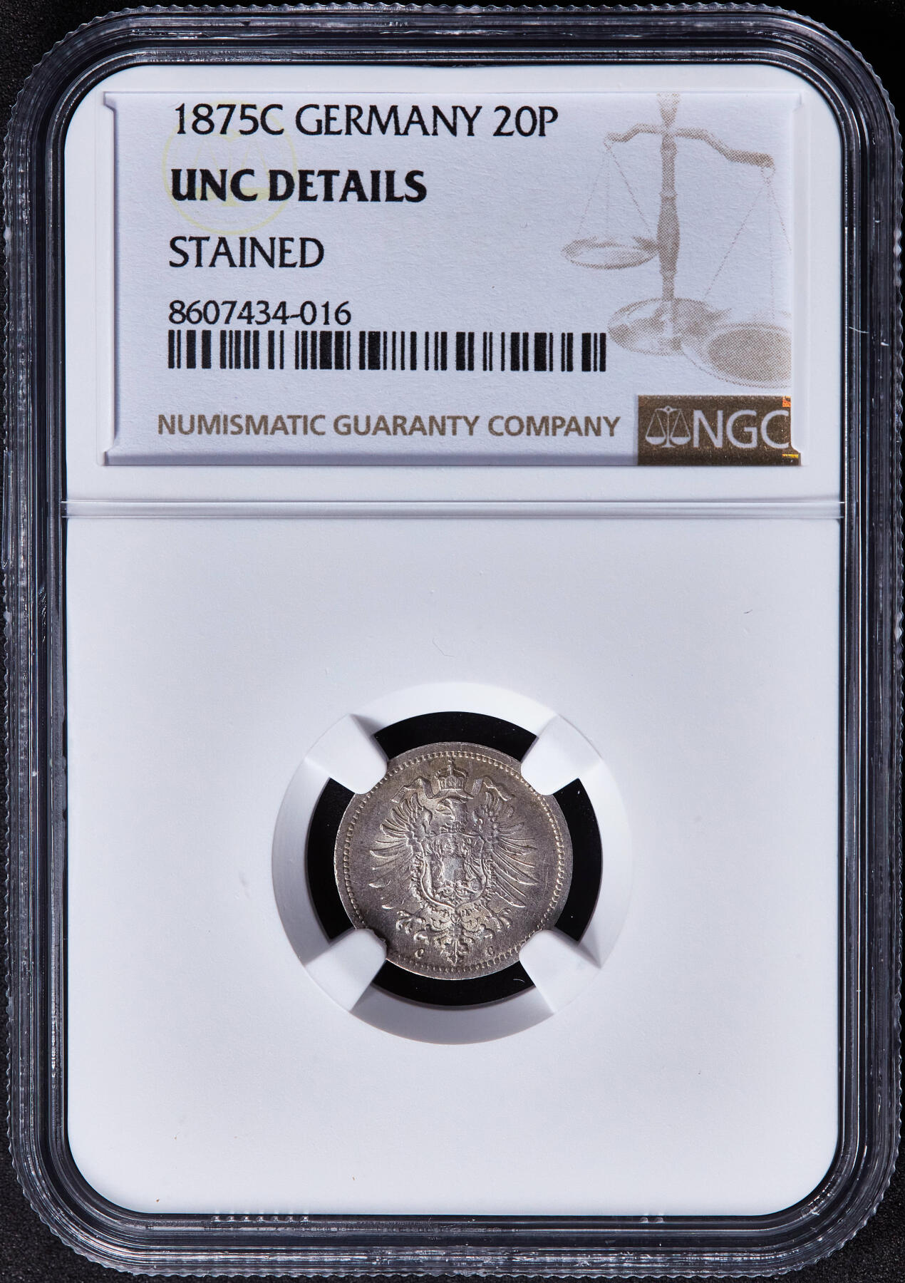 【俄甄集藏】2025年(045)12-03 星期三 晚 19:30 全场包邮 德国1875年C版短翅20芬尼银币，NGC UNCD，黄油彩转光品相