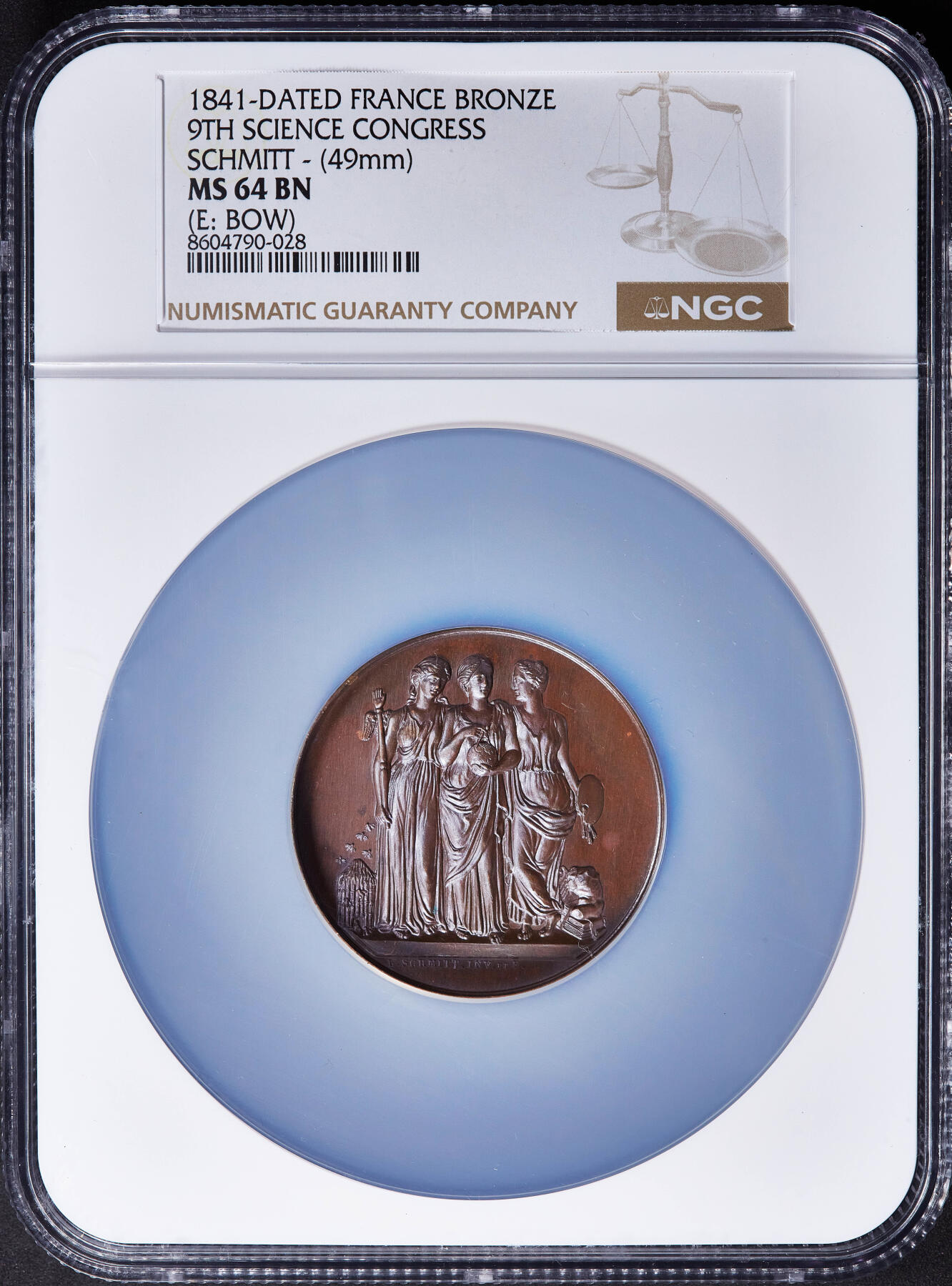 【俄甄集藏】2025年(045)12-03 星期三 晚 19:30 全场包邮 法国1841年三女神造像纪念法国第九届科学大会在里昂召开大铜章，NGC MS64，类精制底板，高浮雕，状态无懈可击，背面为里昂市徽，高浮雕，直径49mm，少见船首铭
