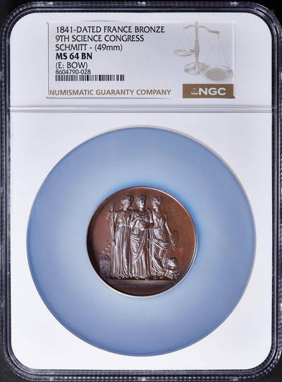 【俄甄集藏】2025年(045)12-03 星期三 晚 19:30 全场包邮 - 法国1841年三女神造像纪念法国第九届科学大会在里昂召开大铜章，NGC MS64，类精制底板，高浮雕，状态无懈可击，背面为里昂市徽，高浮雕，直径49mm，少见船首铭