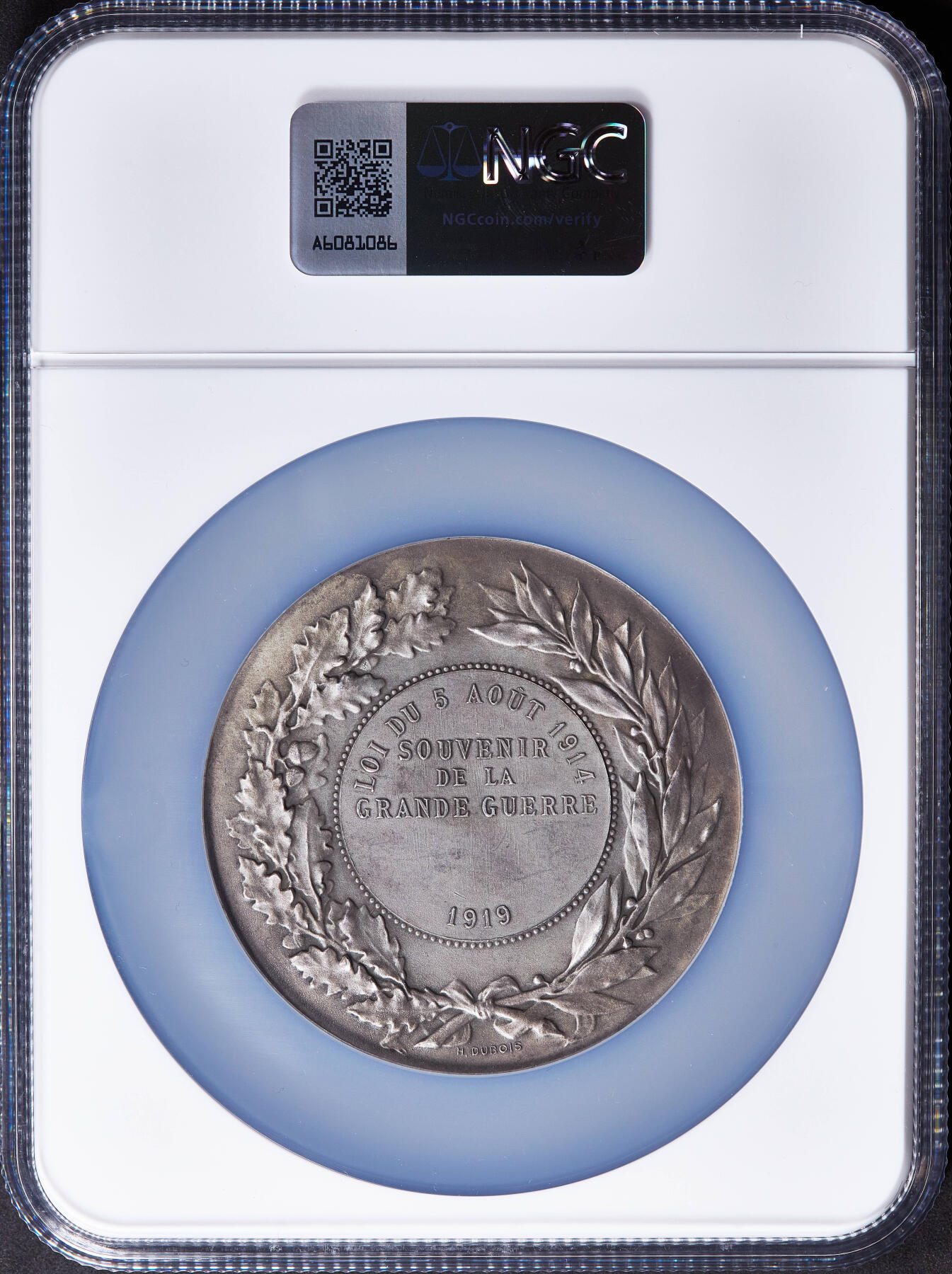 【俄甄集藏】2025年(045)12-03 星期三 晚 19:30 全场包邮 法国1919年玛丽安娜桂冠像纪念一战1914-1919结束镀银大铜章，NGC MS64，直径：69mm，丰饶角铭，原味老包浆，H·杜布瓦雕刻家作品