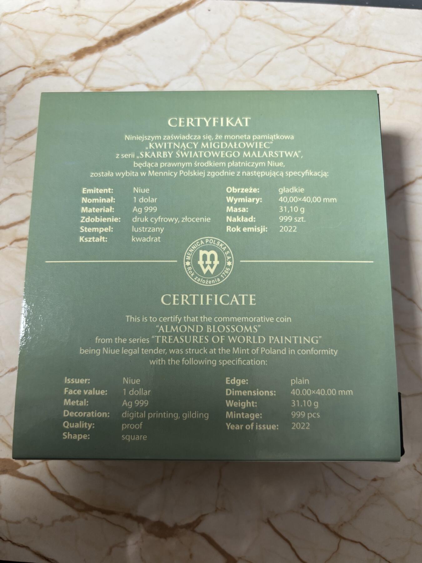 第183期拍卖 纽埃2022年世界名画系列梵高杏花开1盎司彩色银币，999银，1盎司