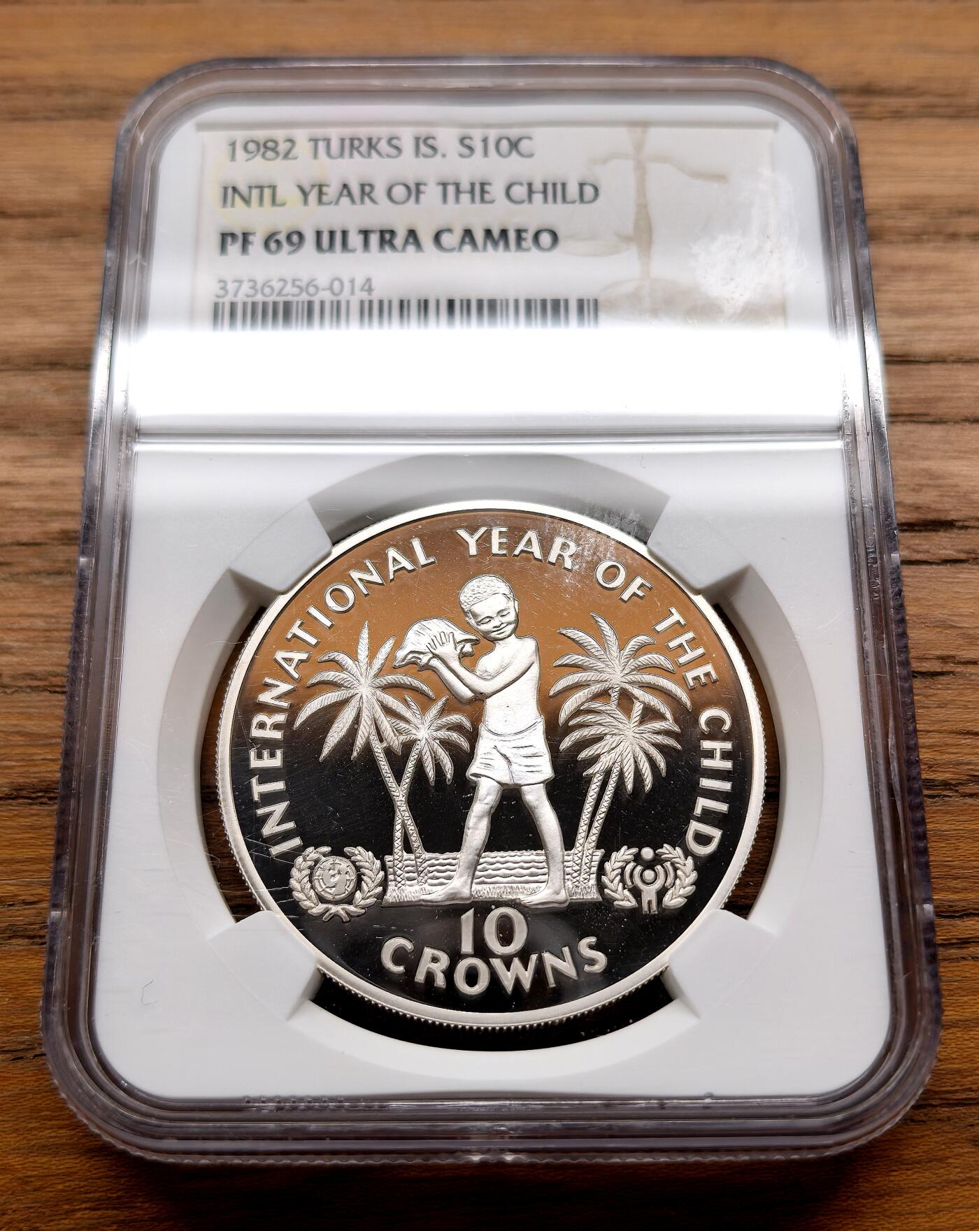 纫秋兰以为佩·凡希社微拍感恩专场 1982特克斯与凯科斯群岛儿童年10C大银NGC-PF69UC