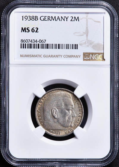 【俄甄集藏】2025年(045)12-03 星期三 晚 19:30 全场包邮 - 德国第三帝国1938年B版2马克银币，NGC MS62，黄油彩原光品相，原图联系客服或前往对应官网进行查询