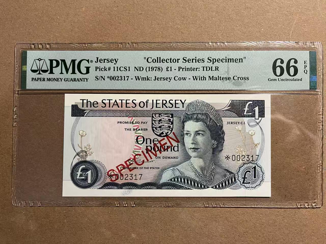 【礼羽收藏】🌏世界钱币拍卖第114期 【PMG66、67】【*002317】1978年泽西岛1、5、10、20镑样钞 四张全同号 千位号