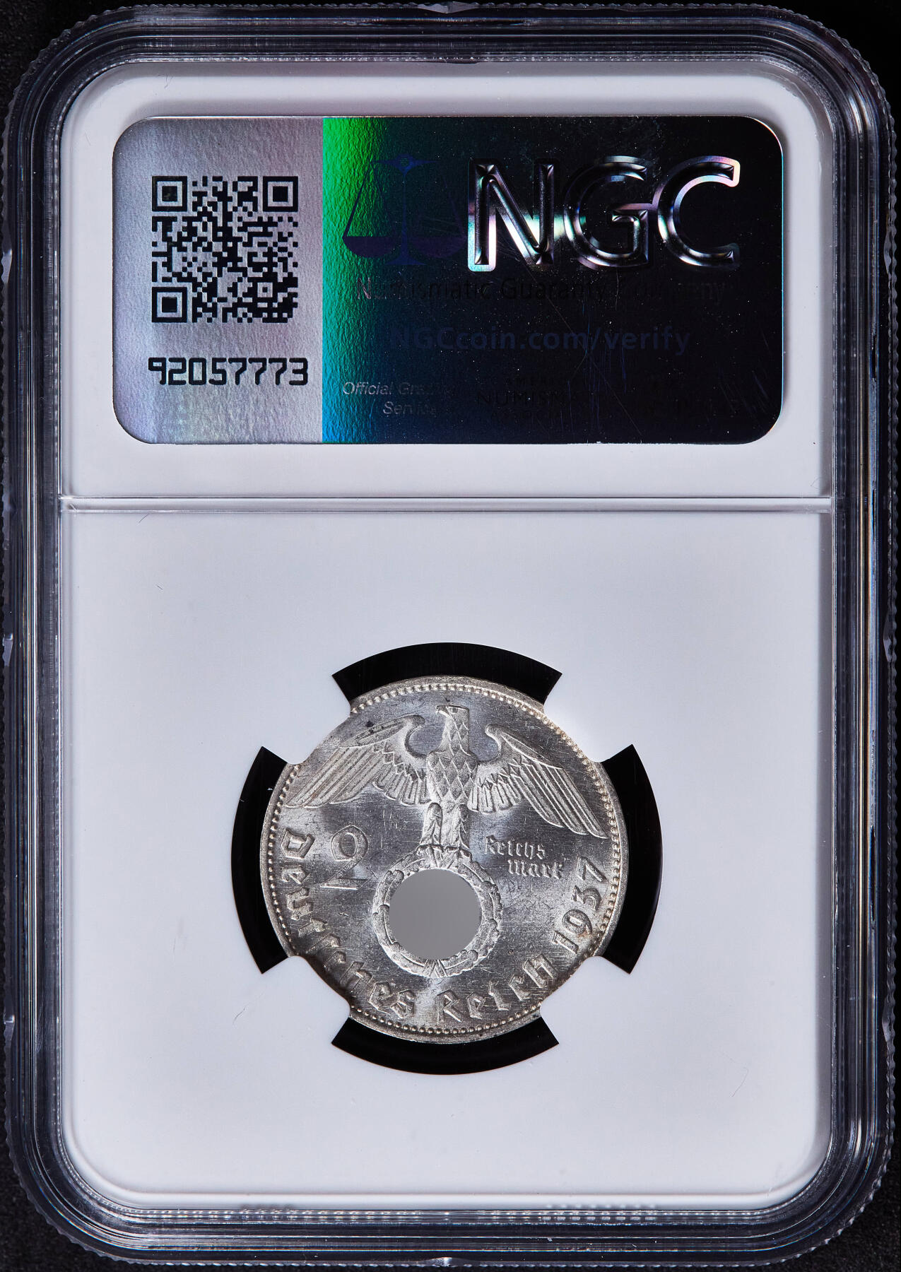 【俄甄集藏】2025年(045)12-03 星期三 晚 19:30 全场包邮 德国第三帝国1937年E版2马克银币，NGC MS63，车轮转光，原图联系客服或前往对应官网进行查询