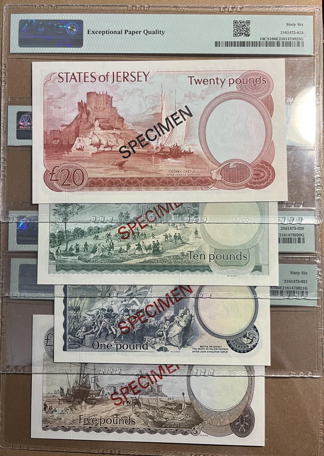 【礼羽收藏】🌏世界钱币拍卖第114期 【PMG66、67】【*002317】1978年泽西岛1、5、10、20镑样钞 四张全同号 千位号