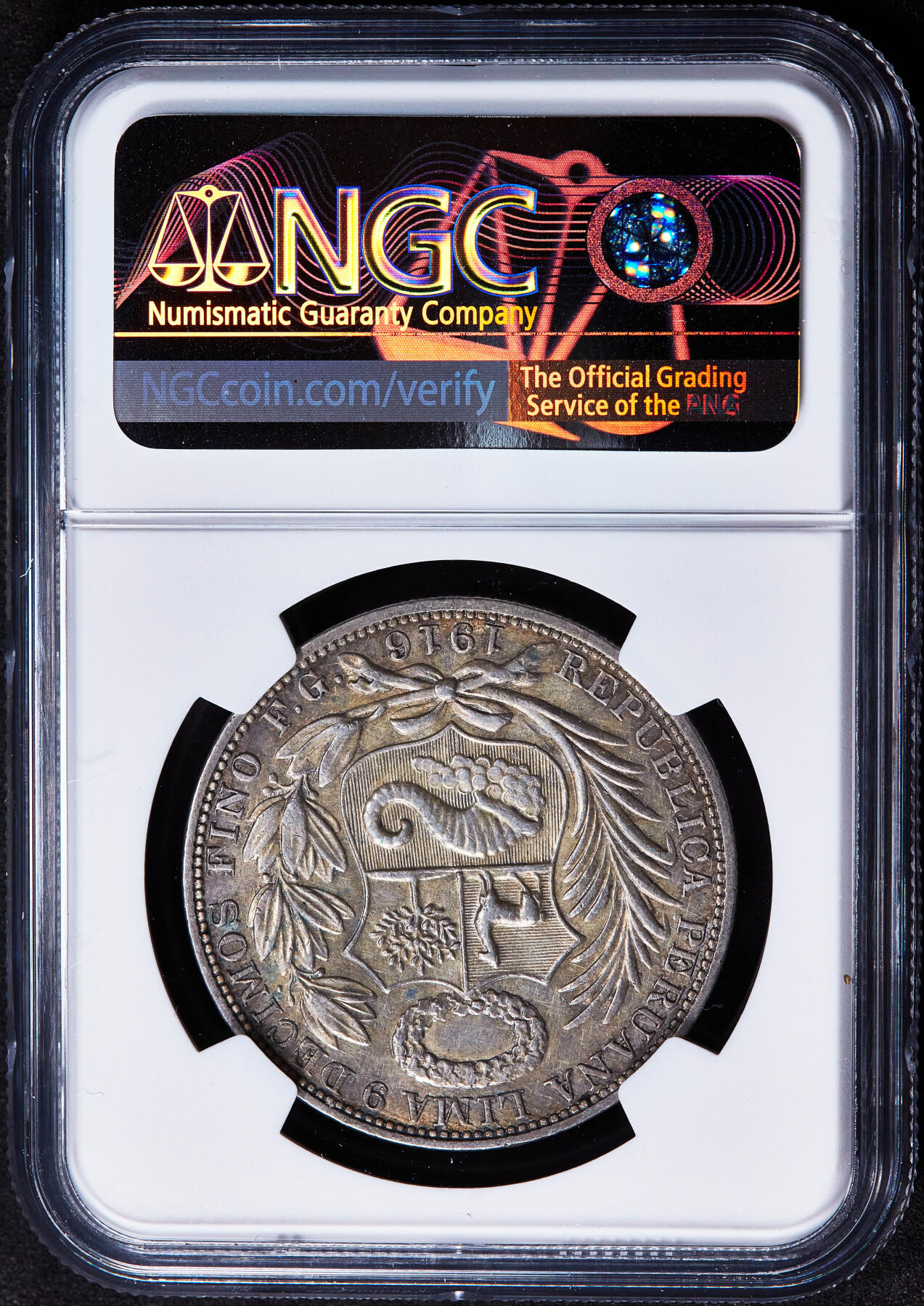 【俄甄集藏】2025年(045)12-03 星期三 晚 19:30 全场包邮 秘鲁1916年FG版女神坐人1索尔大银币，NGC UNCD，底板凝霜，黄油彩原光