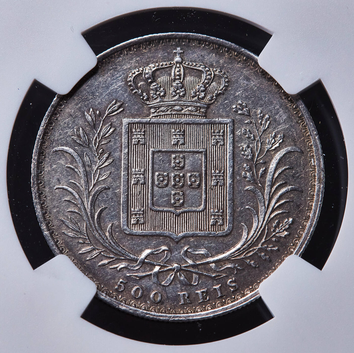 【俄甄集藏】2025年(045)12-03 星期三 晚 19:30 全场包邮 葡萄牙王国1888年路易斯一世500瑞斯银币，NGC AUD，原味老包浆