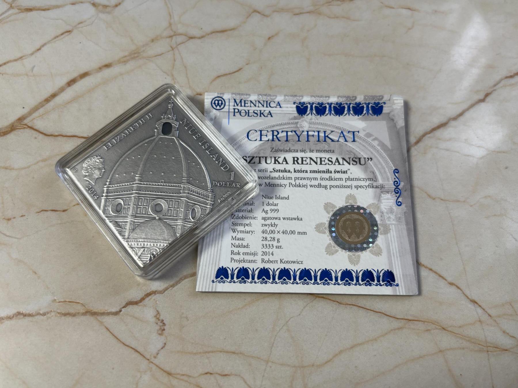 第183期拍卖 纽埃2014年艺术改变世界文艺复兴镶嵌玛瑙仿古银币带证书，28.28克999银，发行量3333枚