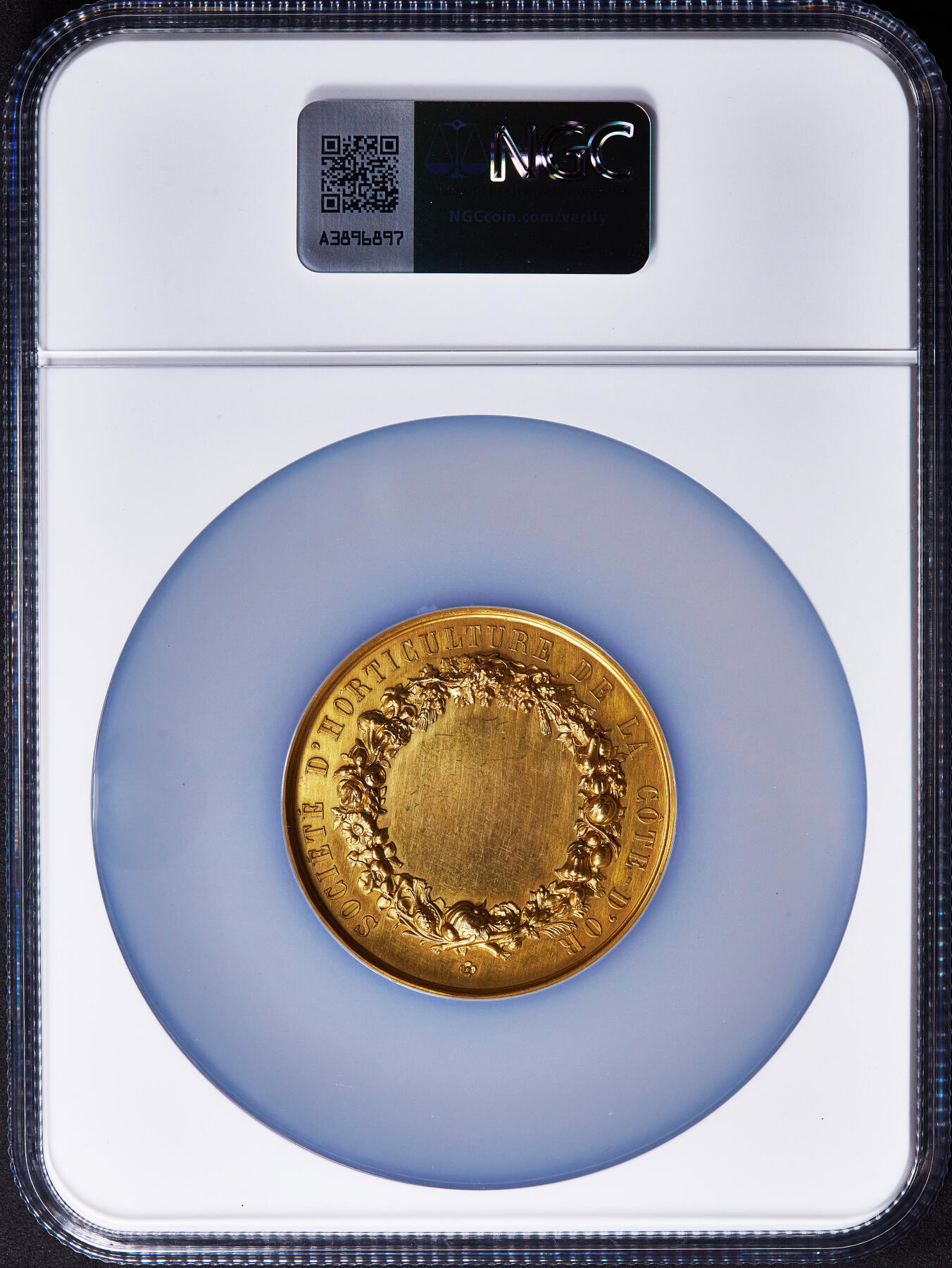 【俄甄集藏】2025年(045)12-03 星期三 晚 19:30 全场包邮 法国19世纪纪念勃艮第科特多瓦园艺协会镀金大铜章，NGC MS62，正面园艺女神与天使造像，金水足，直径：51mm，丰饶角铭，设计精美