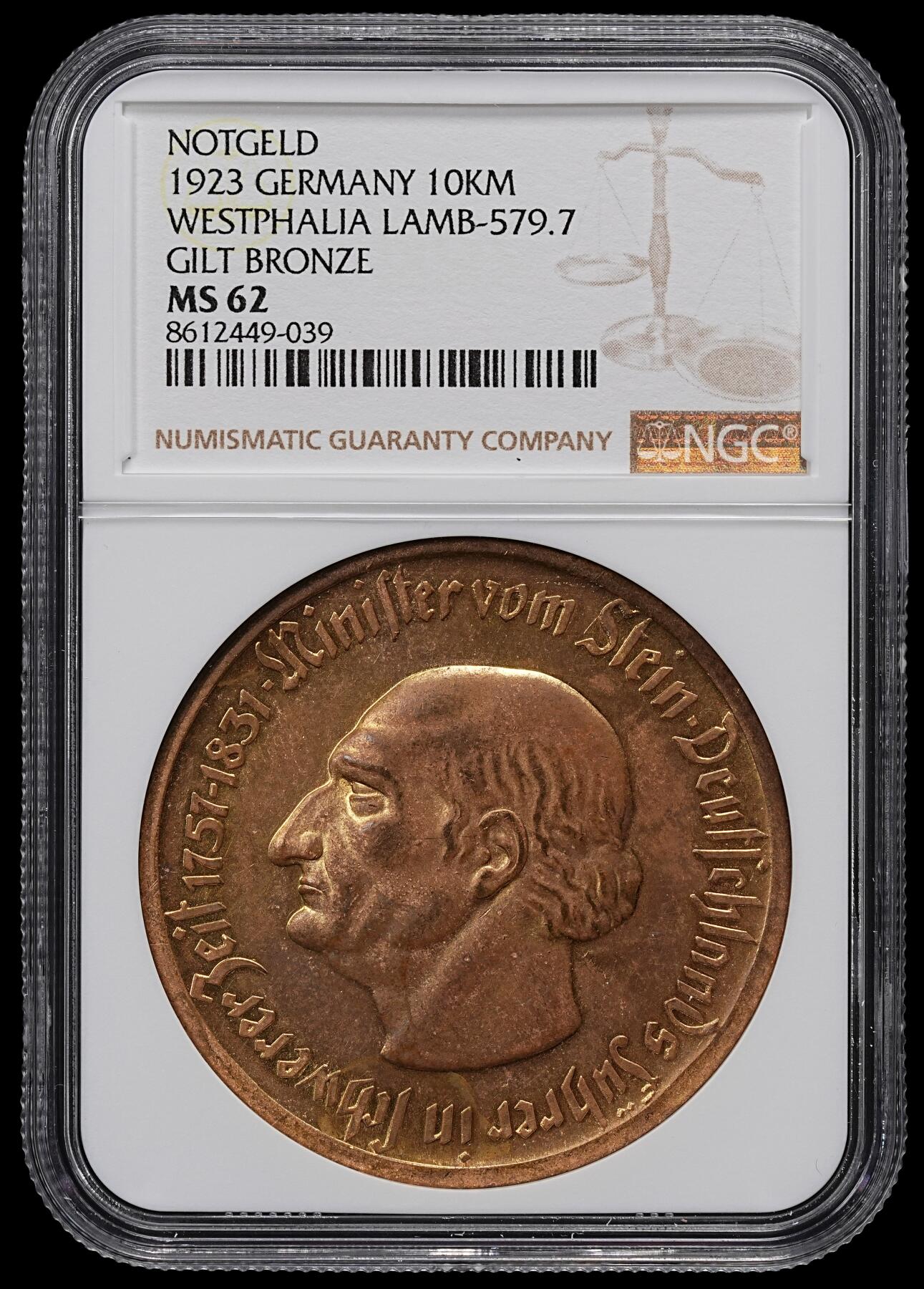 修遠堂世界钱币第九十五期 NGC MS62 1923年德国紧急时期威斯特法伦1万马克大马币