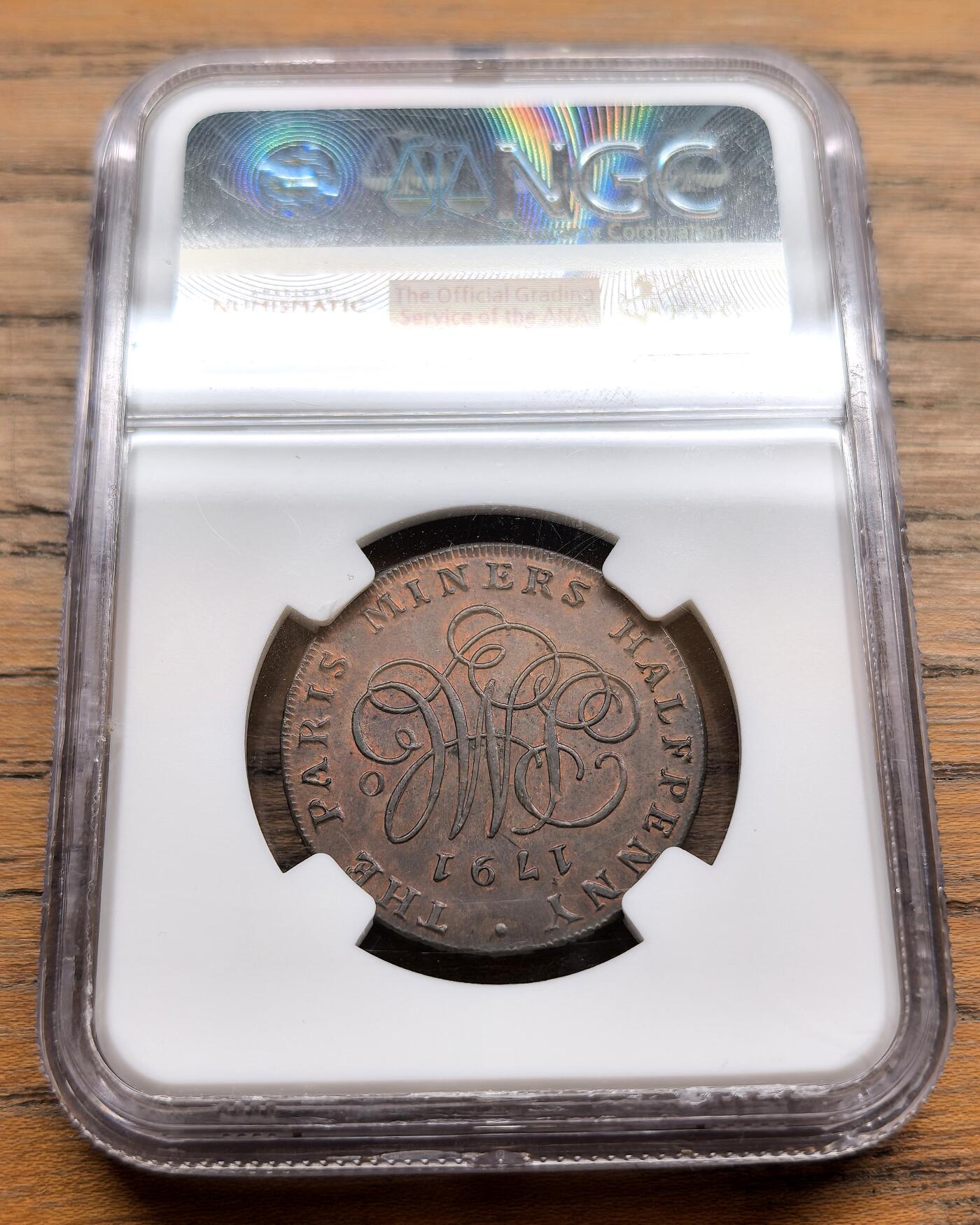 纫秋兰以为佩·凡希社微拍感恩专场 1791威尔士ANGELESEY矿业1/2便士token NGC-MS62，SOHO出品。