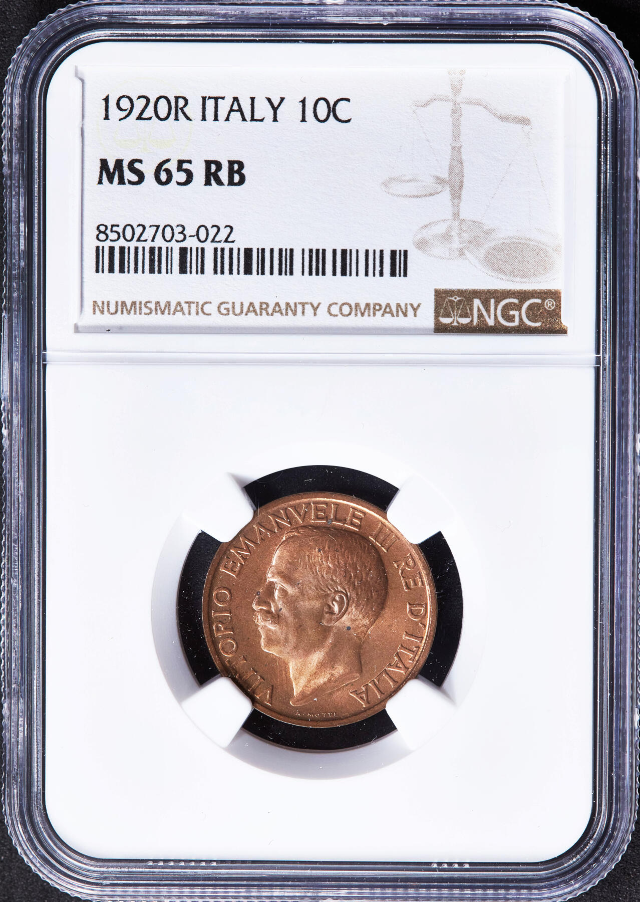 【俄甄集藏】2025年(045)12-03 星期三 晚 19:30 全场包邮 意大利1920年R版伊曼纽尔三世蜜蜂10分铜币，NGC MS65RB，原铜光闪闪，转光品相，钱币史上十分经典的设计，热门品种