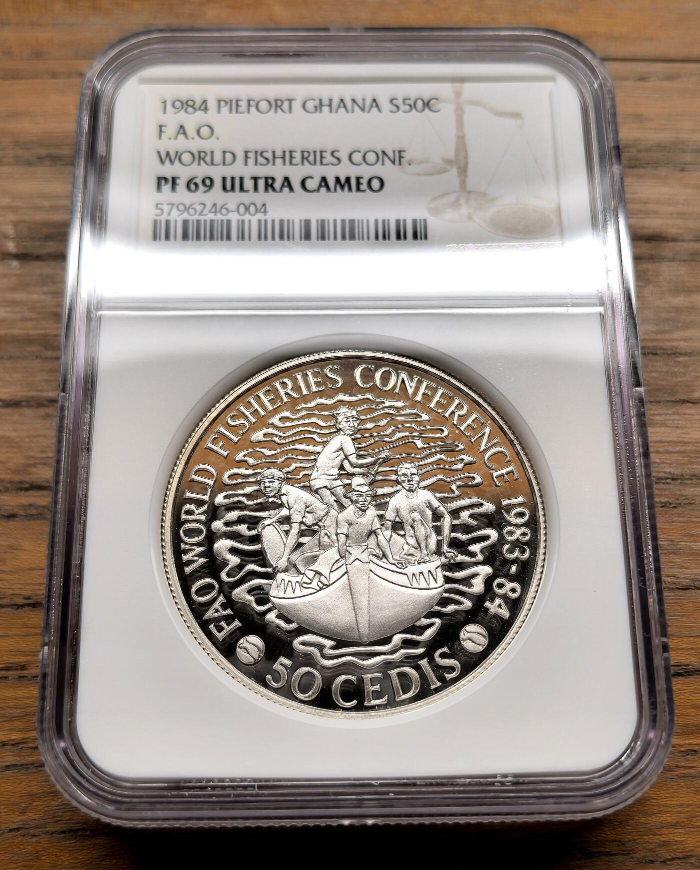 纫秋兰以为佩·凡希社微拍感恩专场 1984加纳FAO渔业会议50C大银加厚版NGC-PF69UC，加厚版珍稀，铸量520枚。