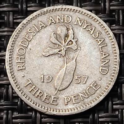 布加迪🐬～世界钱币(上海)🌾第 262 期 /  各国套币和散币 - 罗德西亚和尼亚萨兰 1957年 3便士 女王头像