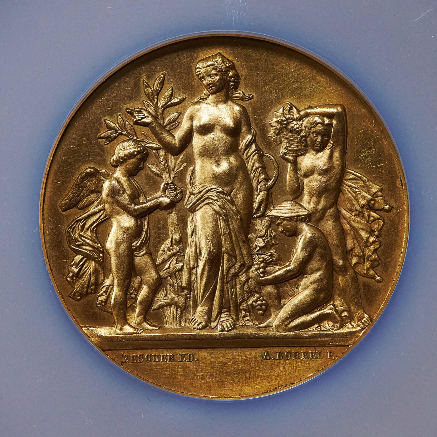 【俄甄集藏】2025年(045)12-03 星期三 晚 19:30 全场包邮 法国19世纪纪念勃艮第科特多瓦园艺协会镀金大铜章，NGC MS62，正面园艺女神与天使造像，金水足，直径：51mm，丰饶角铭，设计精美