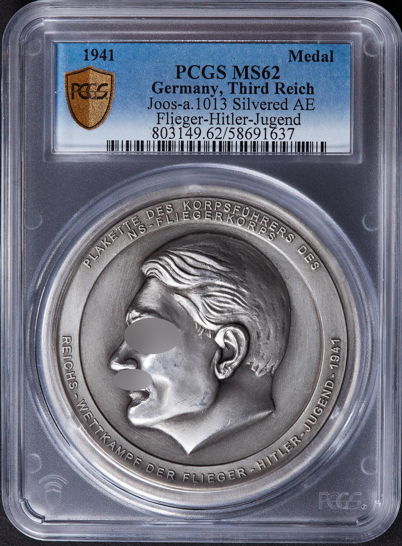 【俄甄集藏】2025年(045)12-03 星期三 晚 19:30 全场包邮 德国第三帝国1941年总理头像纪念帝国空军戈林青年飞行队荣誉镀银大铜章，PCGS MS62，亚军分数，少见品种，直径：80mm，原图联系客服或前往对应官网进行查询