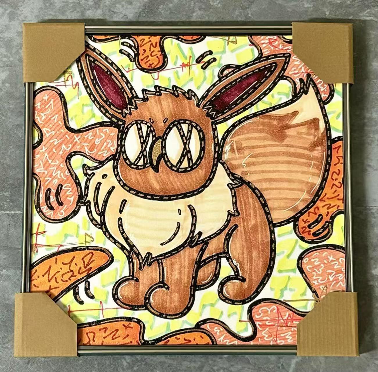 零元拍：歪歪 OWSON 系列作品装饰肌理画《宝可梦-伊布》，相框尺寸35/35CM。因展品出展，镜框可能有轻微划痕，介意勿拍