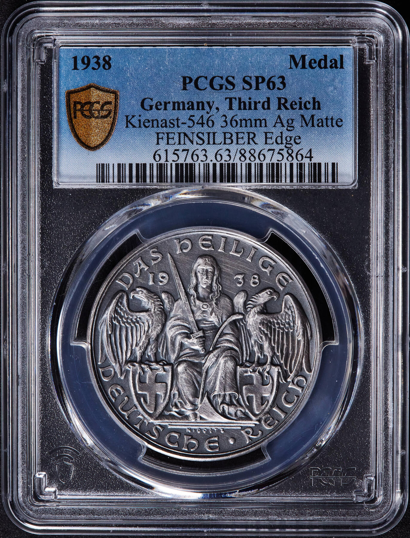 【俄甄集藏】2025年(045)12-03 星期三 晚 19:30 全场包邮 国第三帝国1938年纪念奥地利合并银章，PCGS SP63，卡尔哥茨作品，热门品种，原味灰包浆