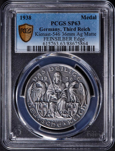 【俄甄集藏】2025年(045)12-03 星期三 晚 19:30 全场包邮 - 国第三帝国1938年纪念奥地利合并银章，PCGS SP63，卡尔哥茨作品，热门品种，原味灰包浆