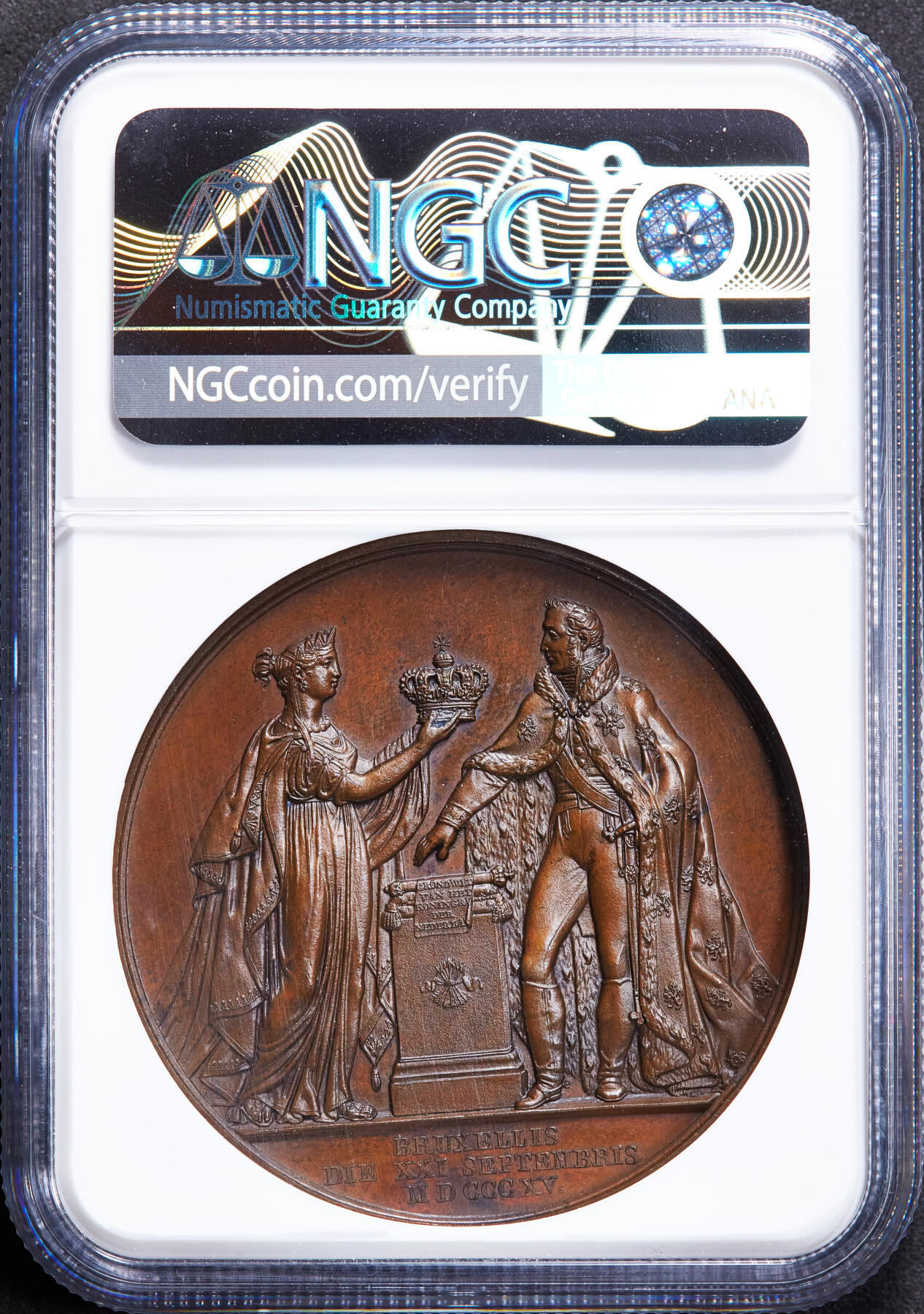 【俄甄集藏】2025年(045)12-03 星期三 晚 19:30 全场包邮 荷兰1815年纪念国王威廉一世加冕大铜章，NGC MS64，巧克力包浆，高浮雕