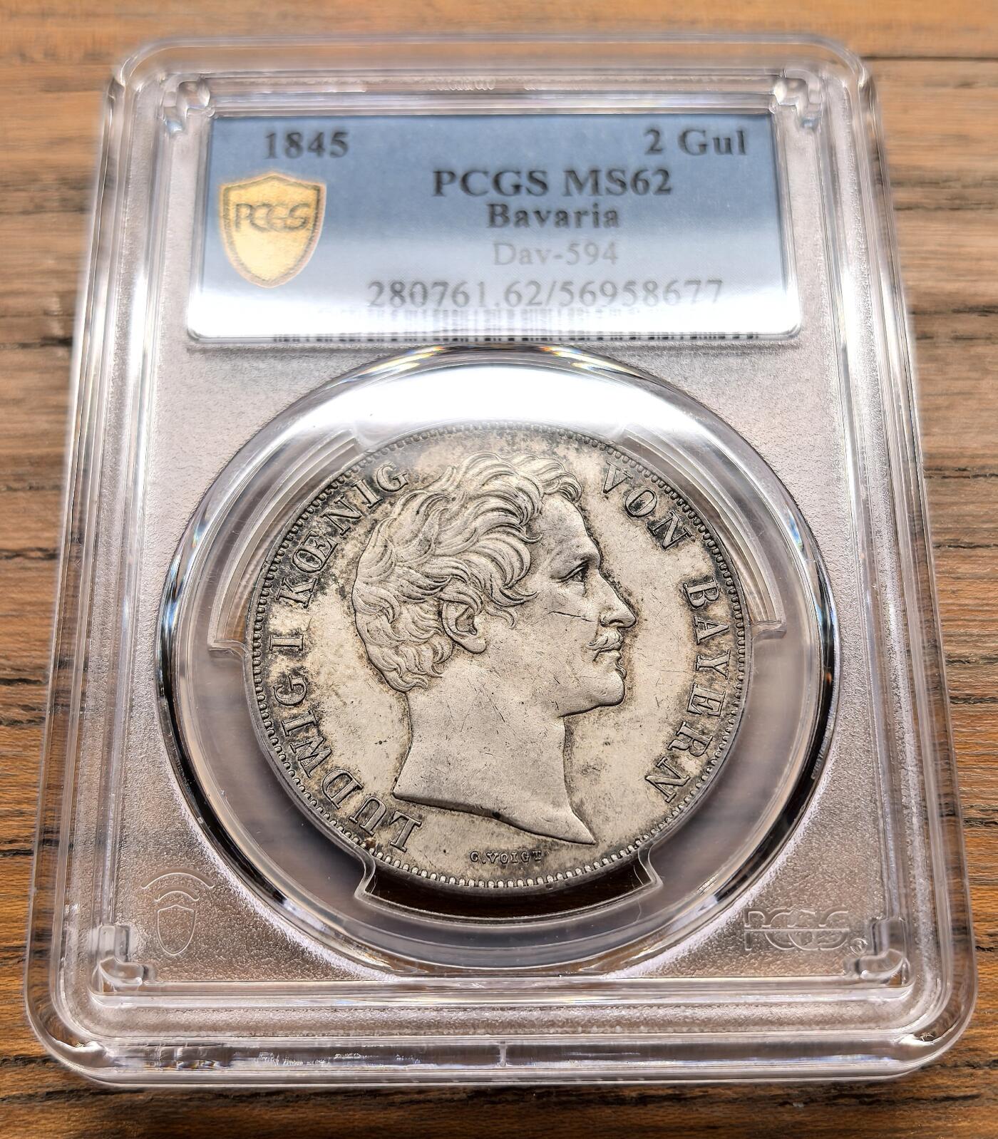 纫秋兰以为佩·凡希社微拍感恩专场 1845德国巴伐利亚双狮纹章版2盾大银PCGS-MS62，哑光香槟金。