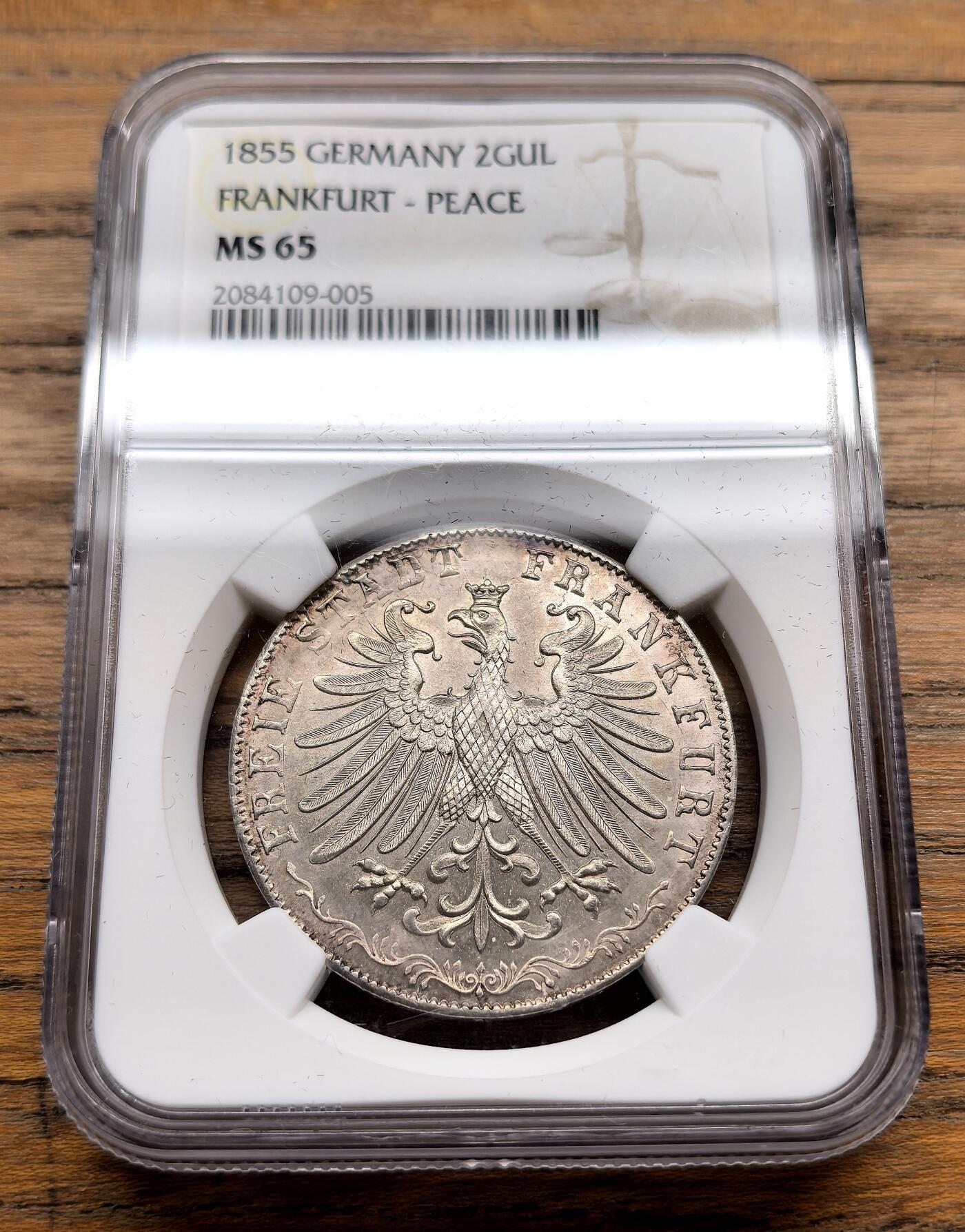 纫秋兰以为佩·凡希社微拍感恩专场 1855德国宗教信仰自由2盾大银NGC-MS65，紫金环彩，高分收藏级！