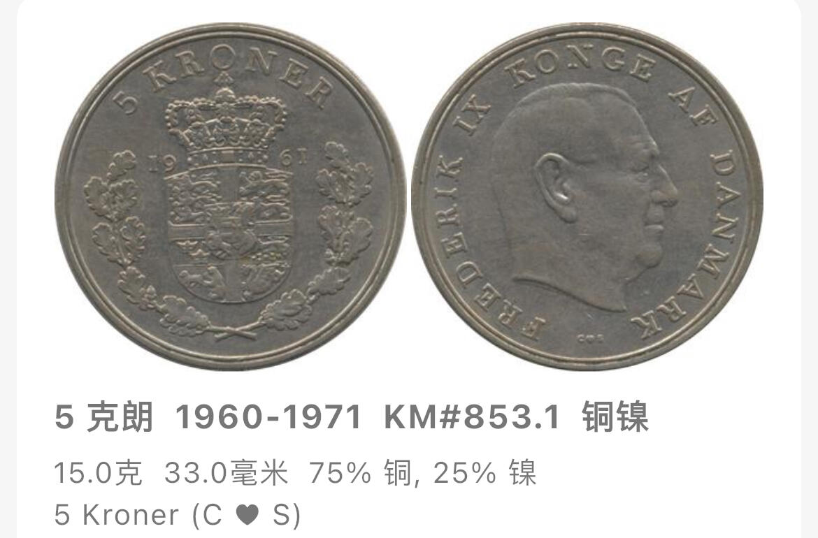 回流1130 丹麦1972年5克朗大镍币33mm 弗雷德里克九世