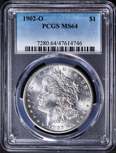 【俄甄集藏】2025年(045)12-03 星期三 晚 19:30 全场包邮 - 美国1902年O版摩根1美元大银币，PCGS MS64，车轮转光