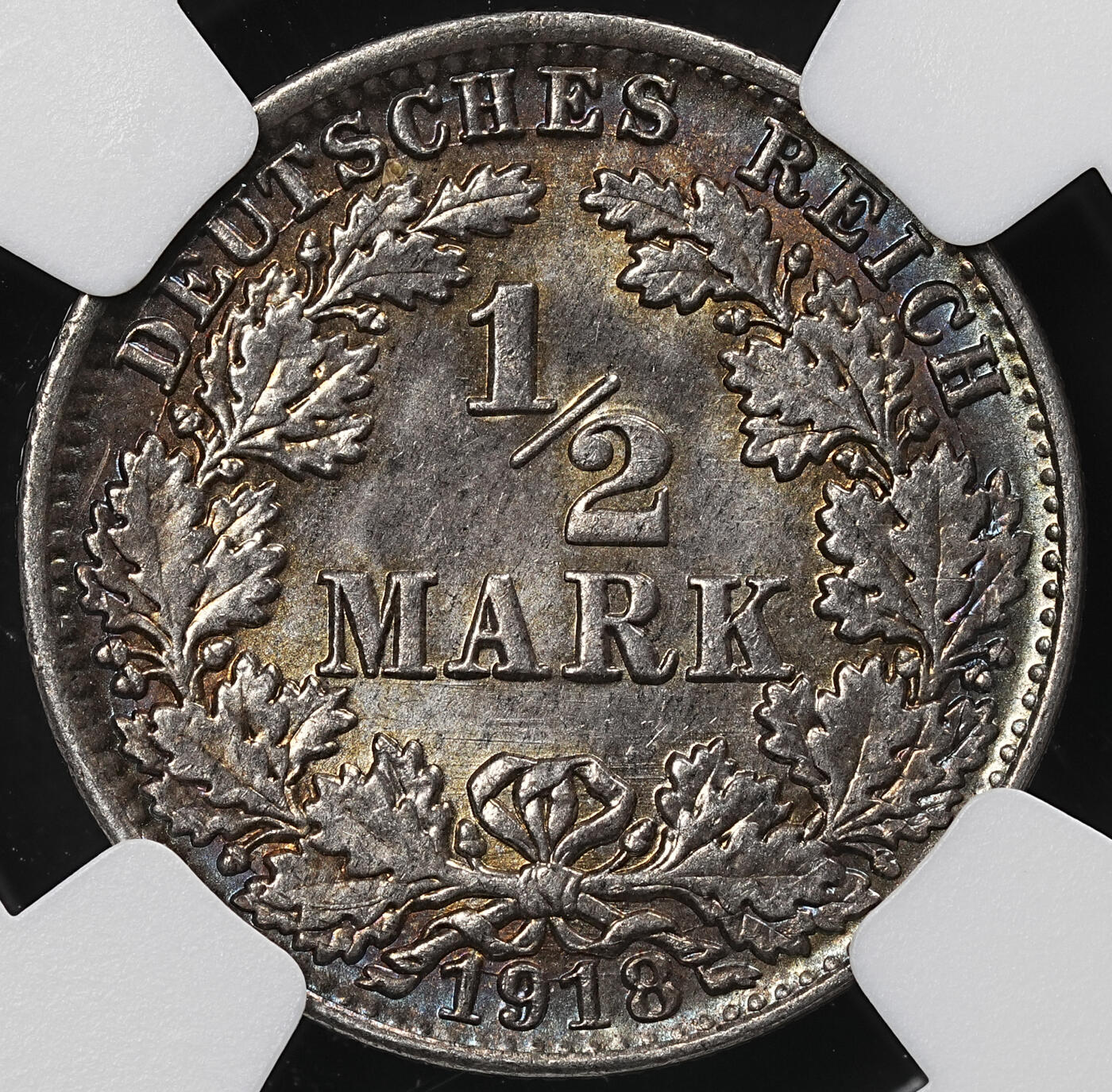 修遠堂世界钱币第九十五期 NGC MS64 1918年德国1/2马克银币 A厂铭 黑五彩
