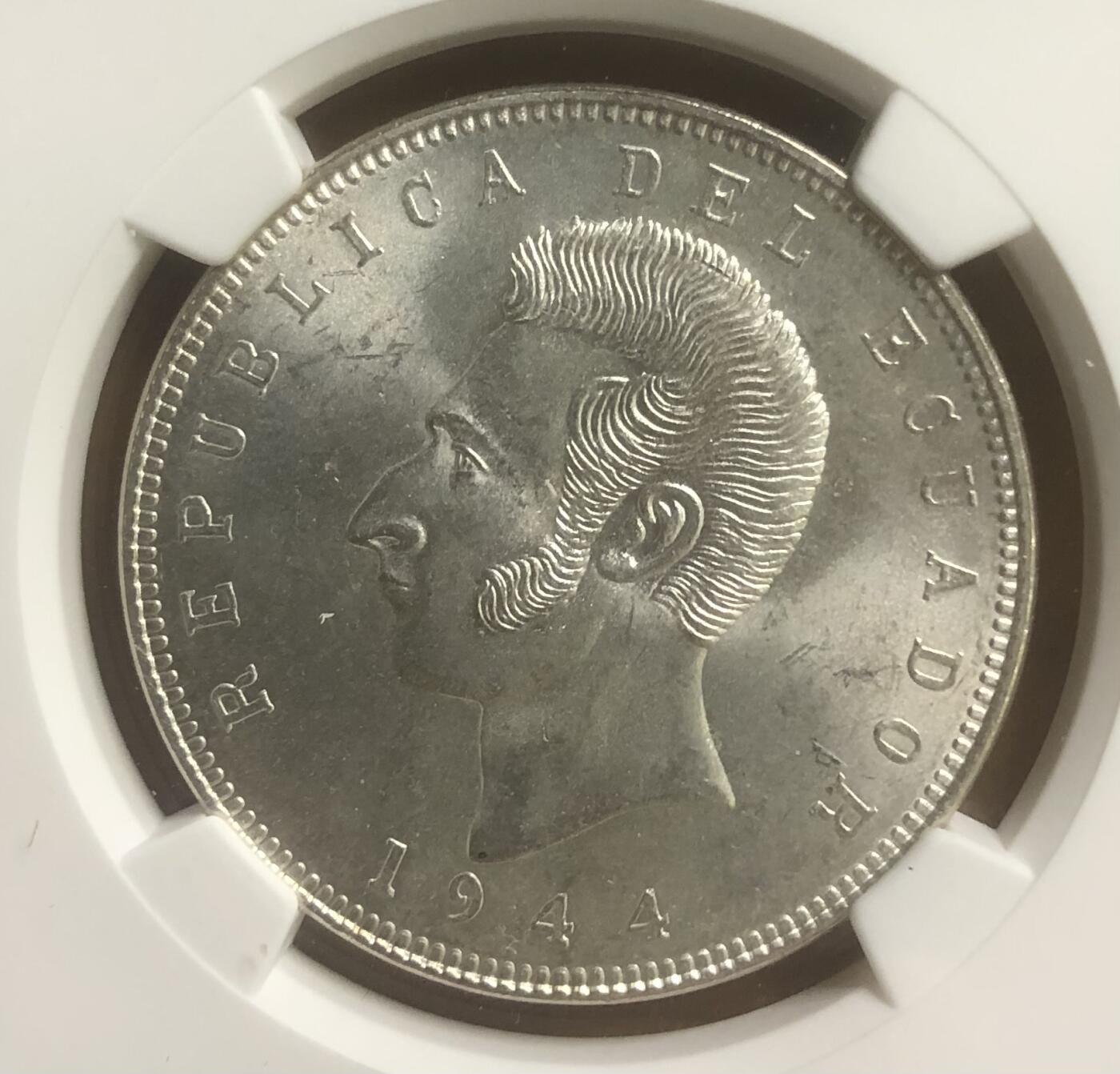 1944厄瓜多尔5苏克雷大银币MS62