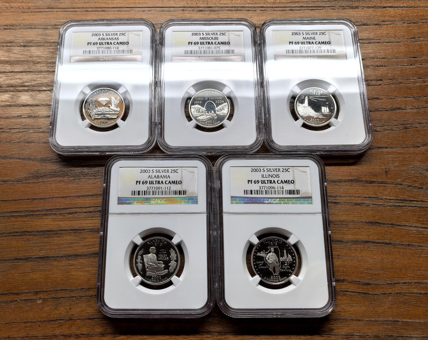 纫秋兰以为佩·凡希社微拍感恩专场 2003美国联邦州25分纪念银币五枚套NGC-PF69UC，伊利诺斯等。