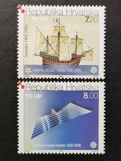 ↓君缘收藏665期☞钱币邮品↓无佣金、可寄存、满30元包邮  - 克罗地亚邮票，2005年欧洲邮票发行50周年·杜布罗夫尼克商船和海鸥邮票2全