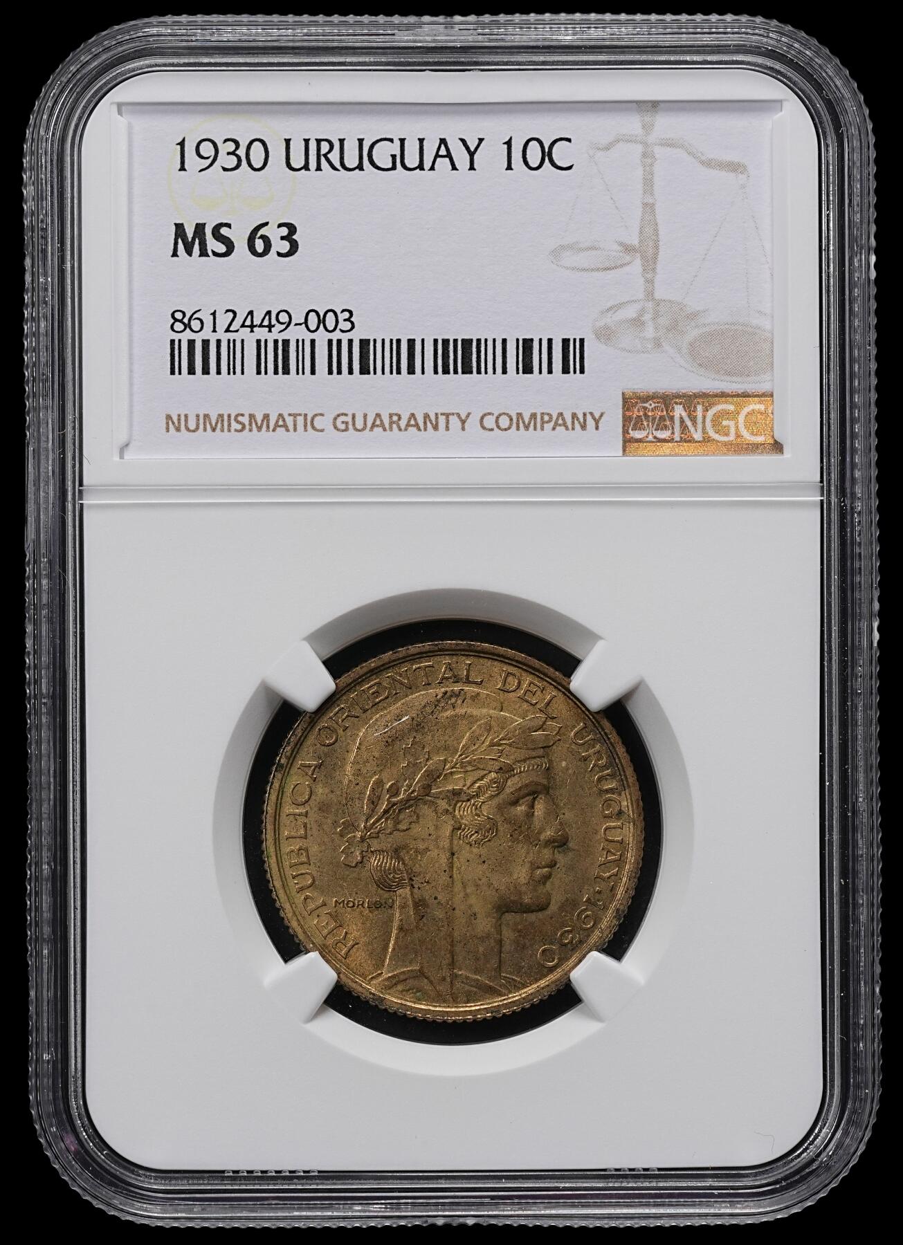 修遠堂世界钱币第九十五期 NGC MS63 1930年乌拉圭10分