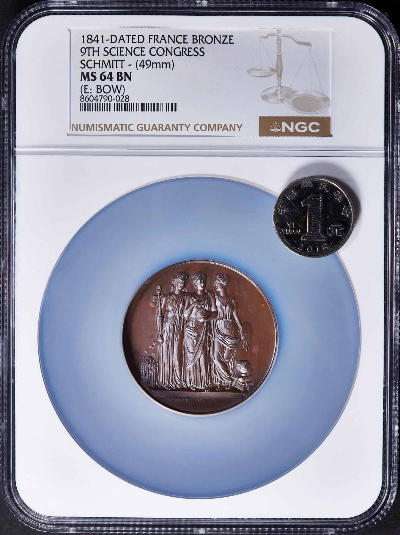 【俄甄集藏】2025年(045)12-03 星期三 晚 19:30 全场包邮 法国1841年三女神造像纪念法国第九届科学大会在里昂召开大铜章，NGC MS64，类精制底板，高浮雕，状态无懈可击，背面为里昂市徽，高浮雕，直径49mm，少见船首铭
