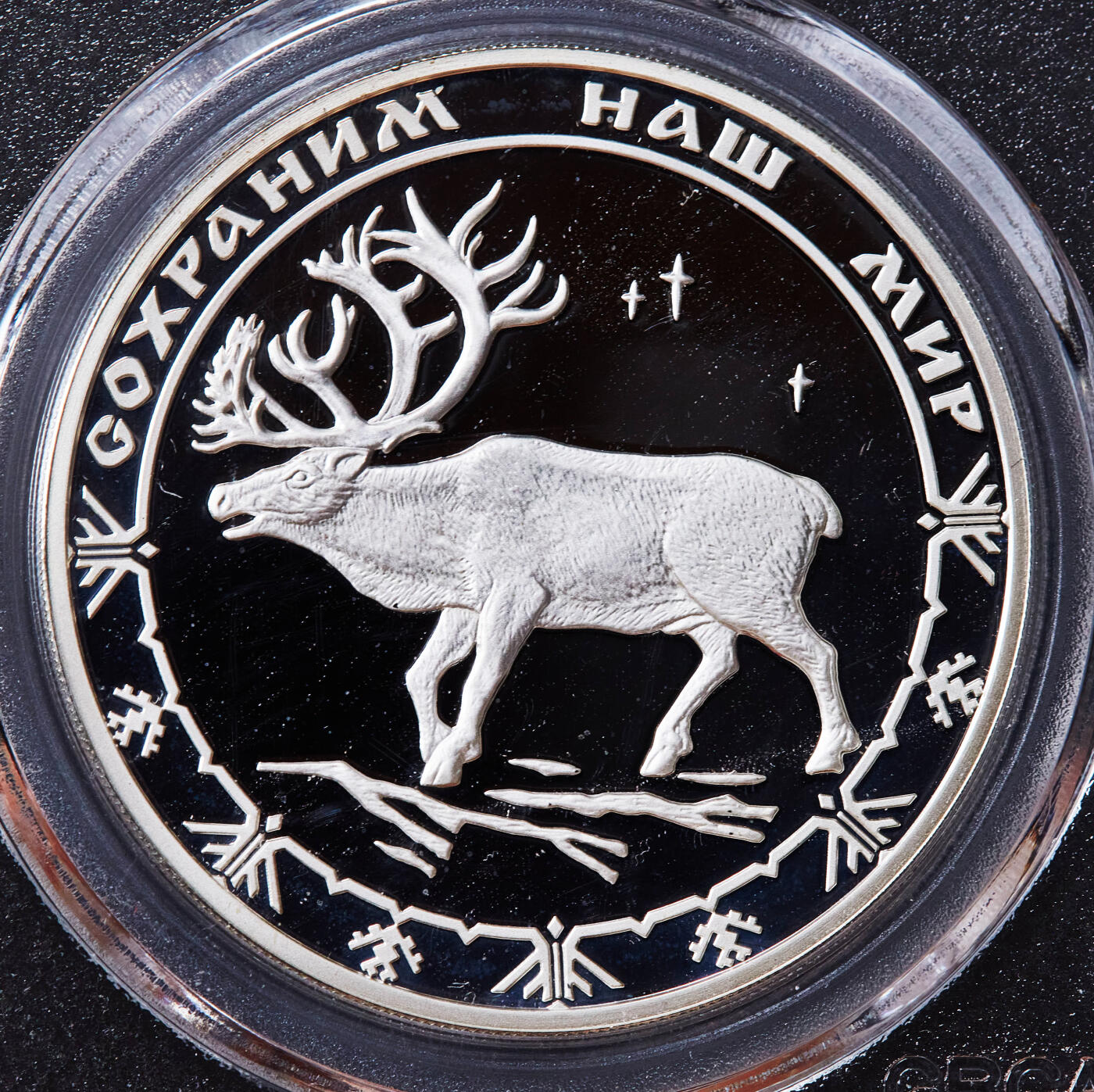 【俄甄集藏】2025年(045)12-03 星期三 晚 19:30 全场包邮 俄罗斯2004年野生动物驯鹿3卢布精制大银币，公博 PF69，重量：34.88克，含银量：90%，发行量：10000枚