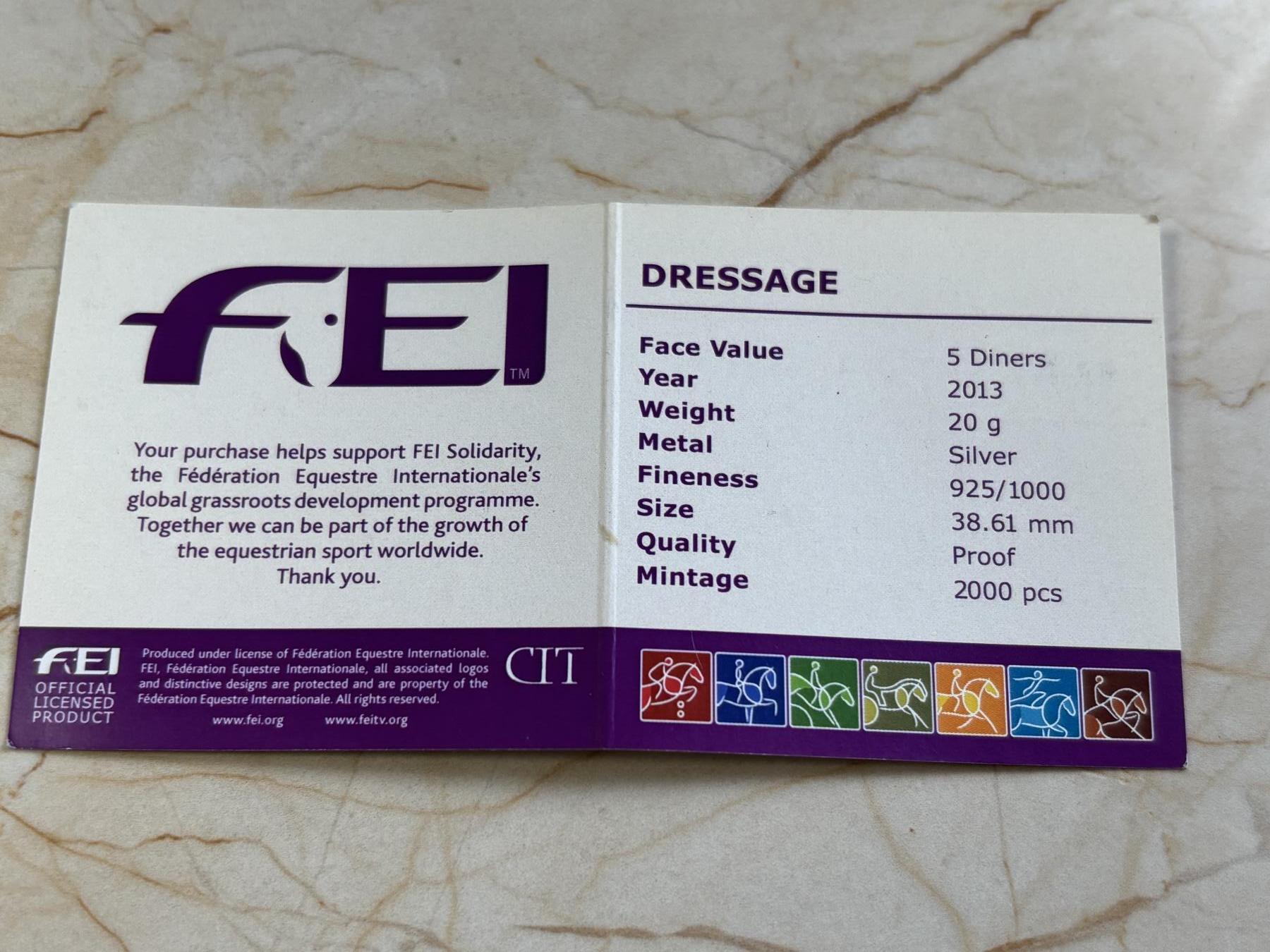 第183期拍卖 安道尔2013年FEI马术世界比赛20克精制彩色纪念银币2带证书，925银，发行量2000枚