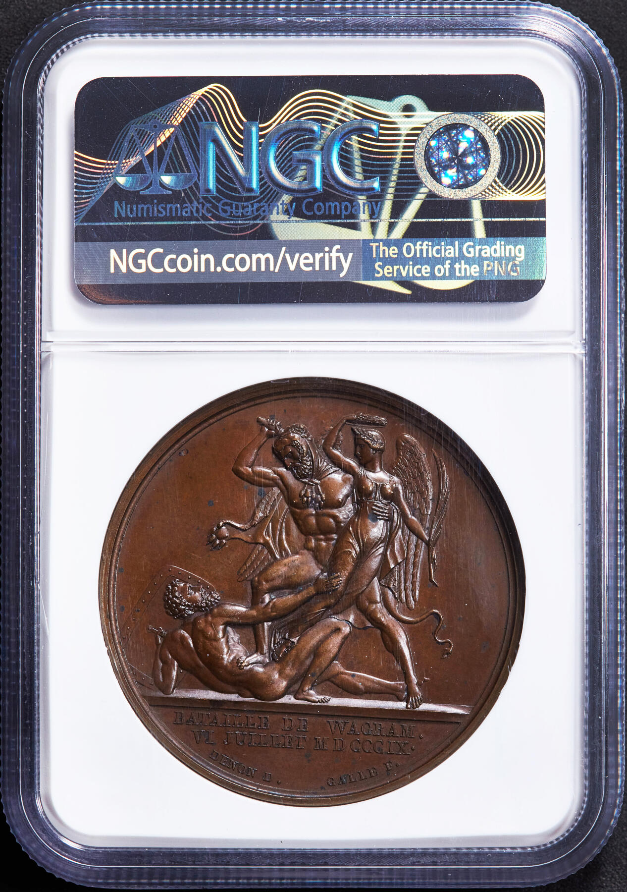 【俄甄集藏】2025年(045)12-03 星期三 晚 19:30 全场包邮 法国拿破仑帝国1809年瓦格拉姆战役胜利纪念大铜章，NGC MS63，巧克力包浆，高浮雕，稀少品