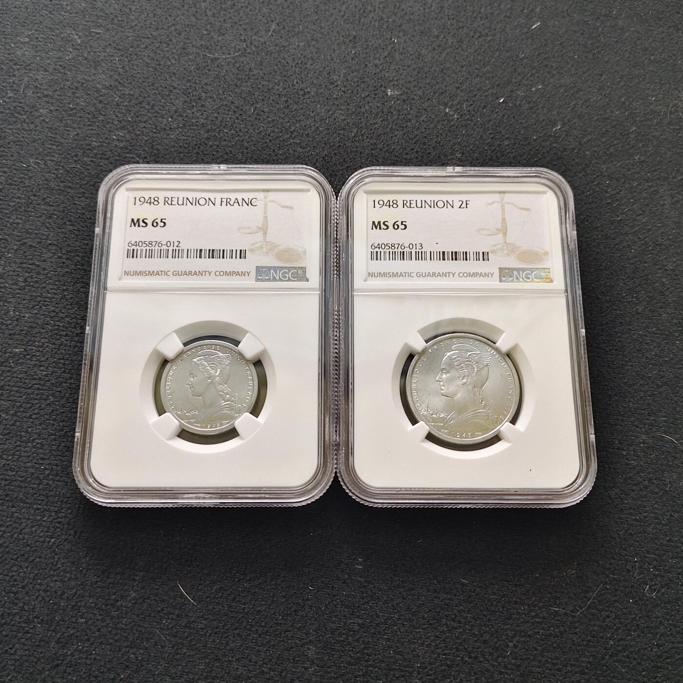 【全场包邮】纯粹捡漏拍483场（免费代拍第20场） 【收藏级】法属留尼旺1948年1-2法郎套币-NGC MS65