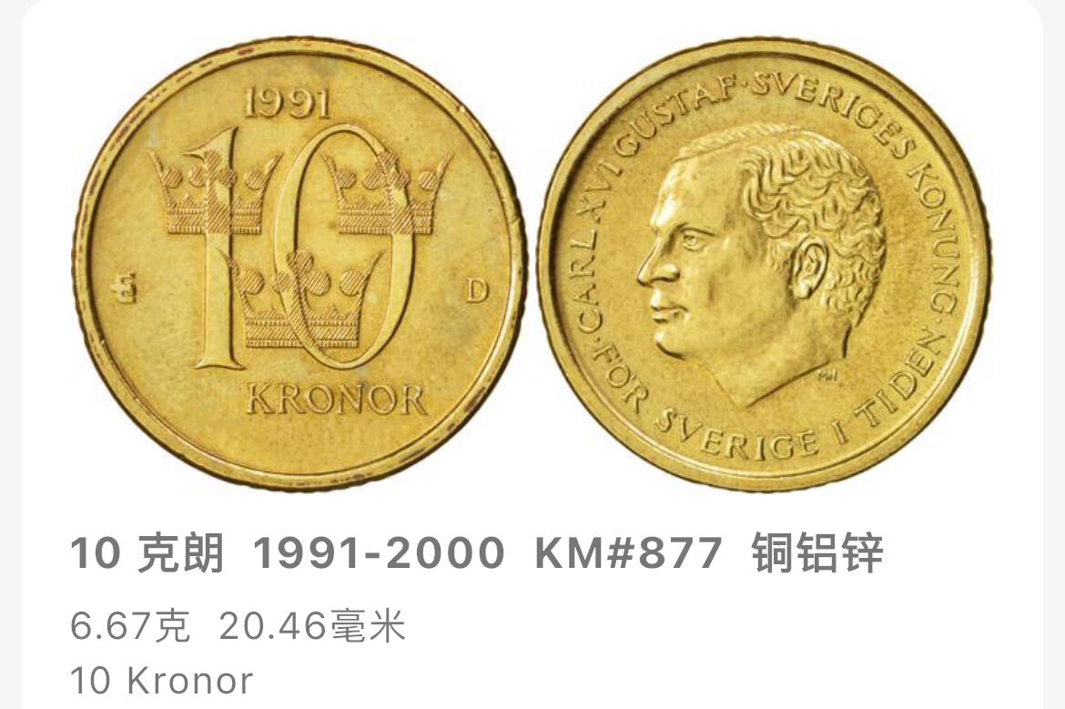 回流1130 瑞典1991年10克朗铜币 瑞典国王卡尔十六世·古斯塔夫