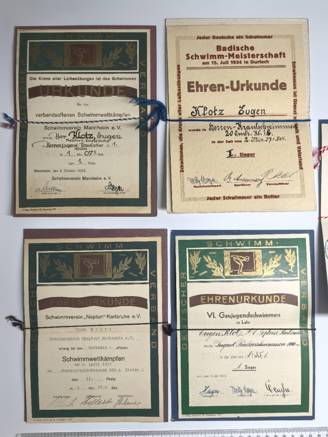 小驴勋章奖章收藏11月29日周六晚六点拍卖（珍爱和平，收藏战争，铭记历史，勿忘国耻，忠党爱国。有偿代拍，送拍规则在简介最后，参拍须阅读规则后再参拍，关系到运费包装发货时效真假辨别等关键信息，拍卖时不再发原图，看大图店主微信码在拍卖店铺介绍里） 德国游泳比赛荣誉证书一组